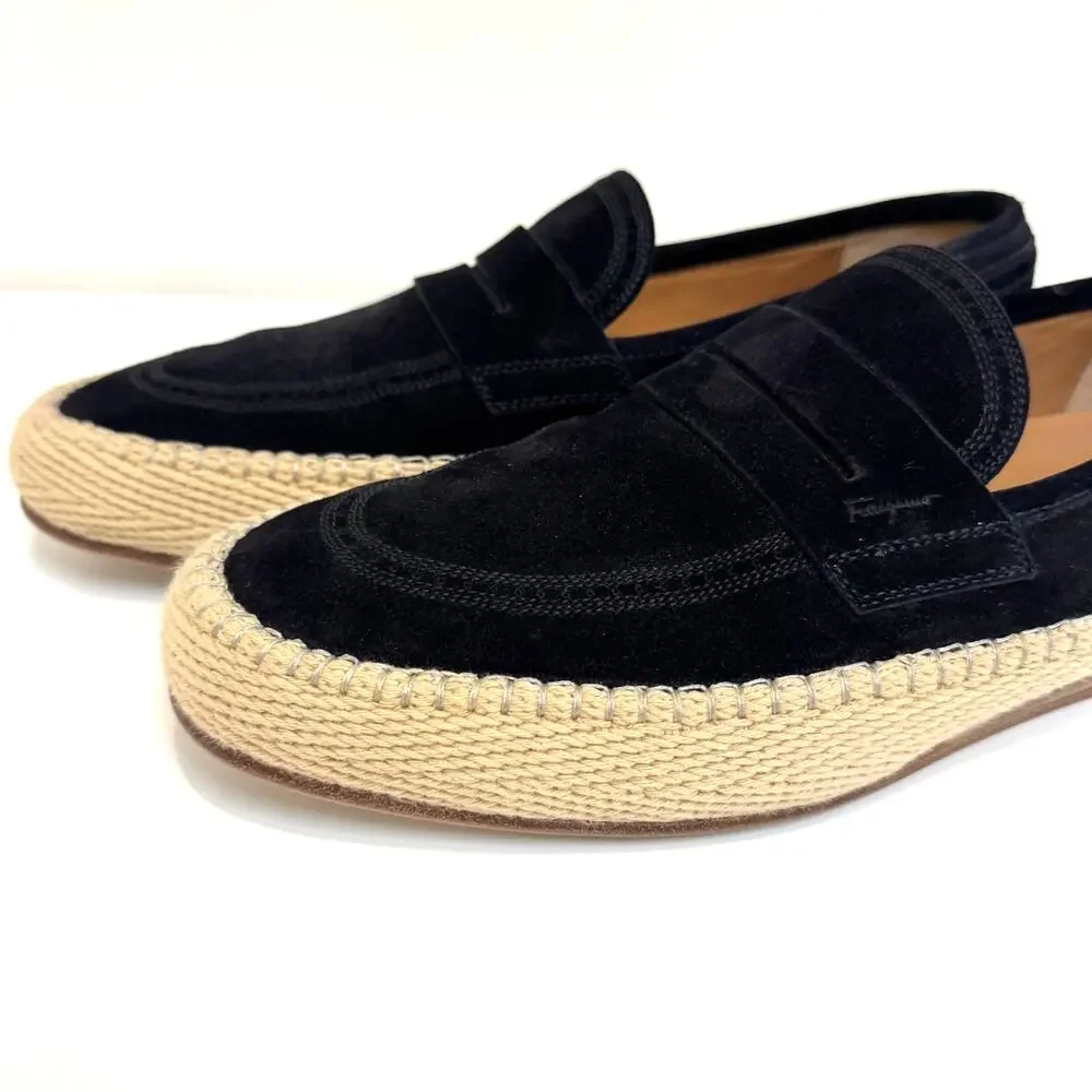 Salvatore Ferragamo Black Suede Espadrille Penny Loafer 10 Woven Leather Shoes